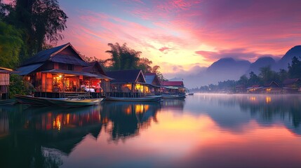 Fototapeta premium A serene lakeside village with boathouses and mirrored reflections in the still water at sunrise.