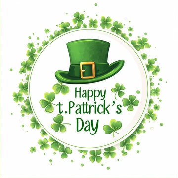 A green hat with a gold buckle sits on a green background &rdquo;Happy St. Patrick's Day&ldquo;