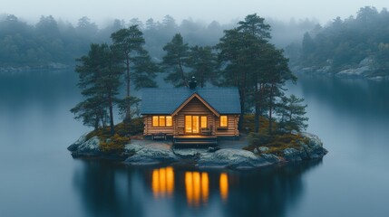 Fototapeta premium Island Cabin, Lake Dusk, Misty Forest, Calm Waters, Retreat