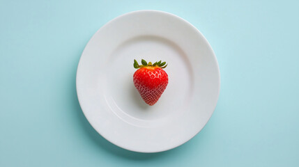 A single, fresh strawberry on a white plate