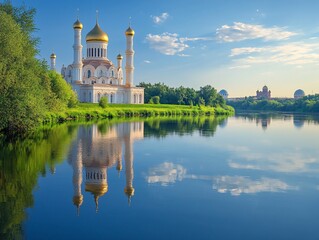 Fototapeta premium Golden Domed Mosque Reflecting in Calm Water