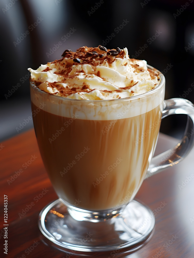 Aufkleber Rich Latte with Whipped Cream Topped with Chocolate Shavings on Table : Generative AI