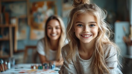 Obraz premium A happy 9-year-old child painting with her mother and a blonde art teacher in a well-lit art studio.beauty of learning and bonding through art.