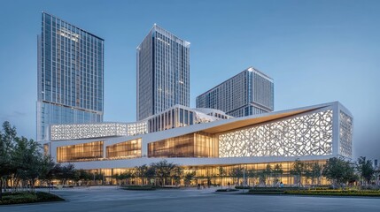 Obraz premium High-rise buildings with geometric patterns and glass facades under a crisp, cloudless sky.