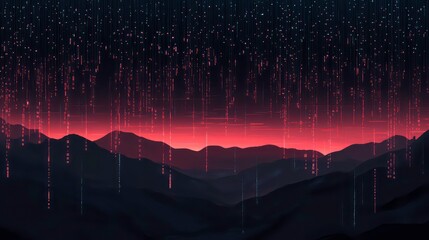 Binary code in the form of glowing rain falling over a dark, futuristic landscape, symbolizing data streaming and the digital world.