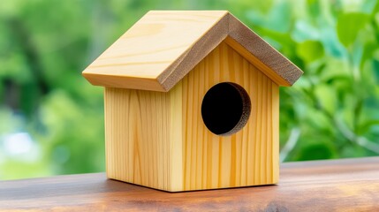 Wooden Birdhouse on a Natural Green Background with Soft Focus