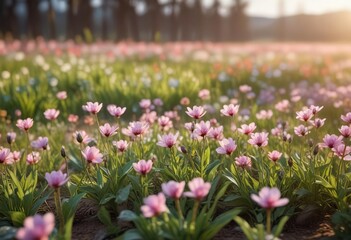 Spring flower field in a shallow depth of field with blurred background and warm light, field, foliage