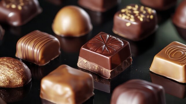 A close-up of an assortment of chocolates on a dark reflective surface, illuminated by warm, soft lighting, the glossy textures 