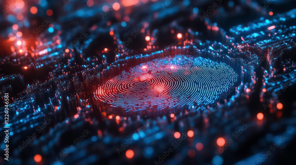 Poster biometric fingerprint scan illuminated by vibrant blue and red digital circuits, symbolizing secure 