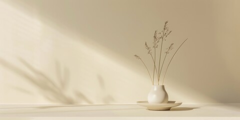 A minimalist aesthetic featuring a light cream yellow backdrop, Balanced composition and smooth surfaces, Contemporary minimalist style