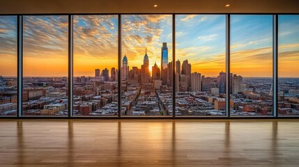 Fototapeta premium Sunset over a metropolitan skyline with warm golden hues reflecting off windows.