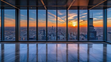 Fototapeta premium Sunset over a metropolitan skyline with warm golden hues reflecting off windows.