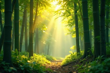 Obraz premium Soft warm light filters through bamboo leaves, forest, sunlight