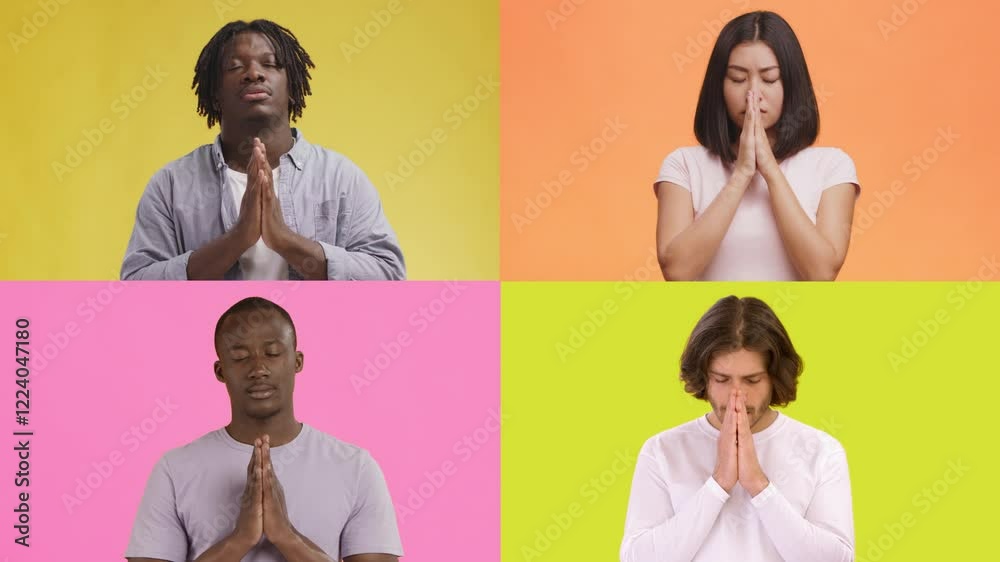 Poster four multiracial people each demonstrate a prayerful gesture with eyes closed. bright backgrounds en