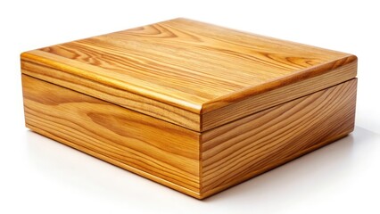 Wooden Box, Rectangular Box, Natural Wood Box, Isolated Wooden Crate,  White Background,  Lateral View, Empty Wooden Container, Rustic Wooden Box,  Side View Wooden Box