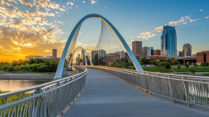 Fototapeta premium A bridge leading into a bright and hopeful skyline, symbolizing progress and achieving a city-based goal.