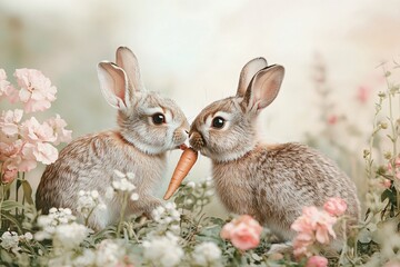 Fototapeta premium Two Baby Rabbits Share a Carrot in a Flower Garden