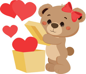 Cute Teddy Bear with Valentine's Gift Vector Illustration