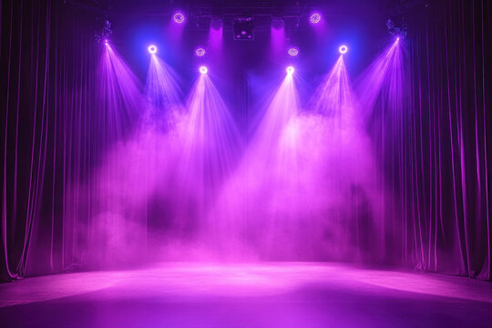 Stage with purple lights and smoke, singer holding a microphone, captivating crowd, intense performance atmosphere.