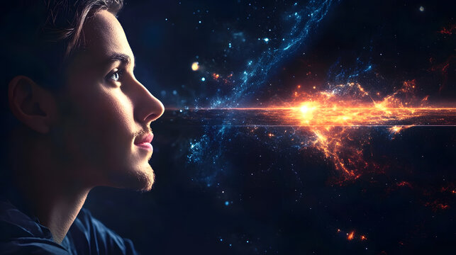 Young Man Facing Cosmic Landscape with Stars and Explosions Imagining Future Exploration and Creativity : Generative AI