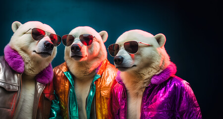 Creative animal concept. Group gang of polar bear in sparkly rock punk neon bright colour outfit, copy text space. commercial, editorial advertisement party invitation invite	
