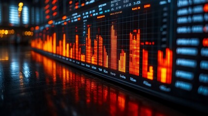Obraz premium Stock market data displayed on a large screen, reflecting on a polished surface.