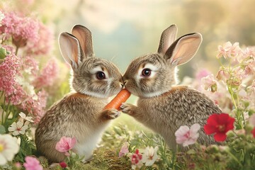 Obraz premium Two Adorable Bunnies Sharing A Carrot In A Flower Garden