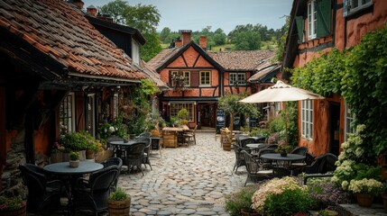 Obraz premium Charming European Village Square: Cobblestone Street, Cozy Cafes, and Quaint Houses