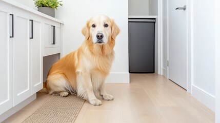 Golden Retriever in Modern Kitchen Interior with Light Decor