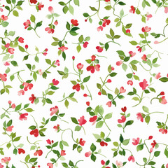Cute  small red and green flowers watercolor floral seamless pattern. Watercolor print in rustic vintage style, textile or wallpapers.