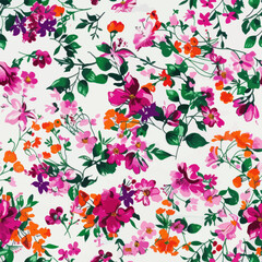 Obraz premium Cute pink, hot orange, and small green floral watercolor floral seamless pattern. Watercolor print in rustic vintage style, textile or wallpapers.