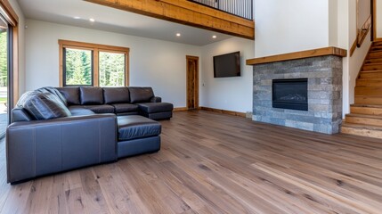 Fototapeta premium Modern Living Room with Leather Sofa and Stone Fireplace