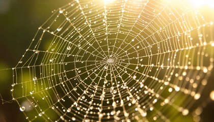 Fototapeta premium Dew-kissed Spiderweb in Golden Sunlight Nature Photography