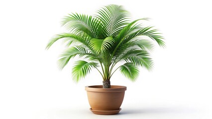 Aerial Photography Minimalist Tropical Palm Tree, Isolated Green Plant in Pot, White Background, High-Resolution Image