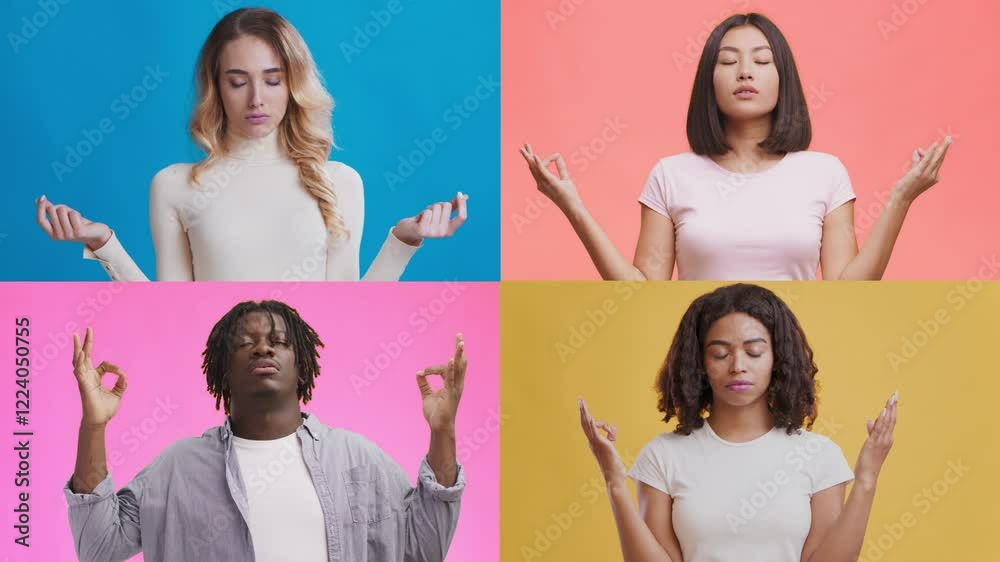 Poster a collection of four people expresses emotions and gestures against colorful backgrounds. each indiv