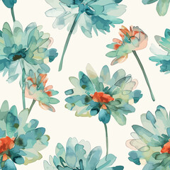 Cute turquoise chrysanthemums, their petals gently swirling in the breeze. watercolor seamless pattern. Watercolor print in rustic vintage style, textile or wallpapers.