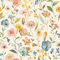 Cute  spring flowers, pastel colors, vintage watercolor seamless pattern. Watercolor print in rustic vintage style, textile or wallpapers.