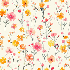 Cute  flowers in pastel pink, orange, and yellow on a white background watercolor seamless pattern. Watercolor print in rustic vintage style, textile or wallpapers.