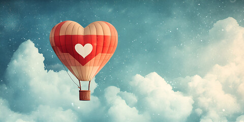 Fototapeta premium Hot Air Balloon Flying with a Heart-Shaped Balloon in the Sky