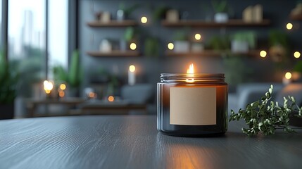 3D mockup of a candle jar with a blank label, set on a modern table, elegant and high-quality