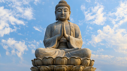Obraz premium Majestic Stone Buddha Statue Against a Peaceful Blue Sky in a Tranquil Outdoor Setting : Generative AI