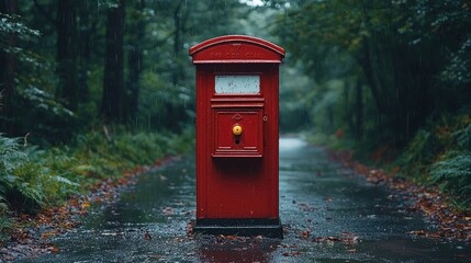 Red Postbox Stands Alone In Rainy Woods