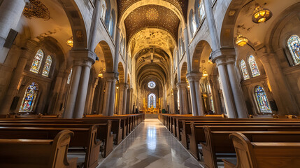 Obraz premium Majestic Interior of a Grand Cathedral with Arched Ceilings : Generative AI