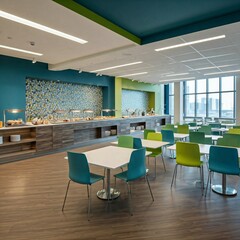A corporate office cafeteria with a modern buffet setup, sleek chairs, and vibrant decor.

