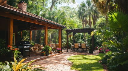 Obraz premium Lush Tropical Backyard Oasis with Patio, Pergola, and Grill