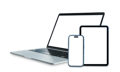 Set of smart devices smartphone, tablet and laptop with blank screen isolated on transparent...