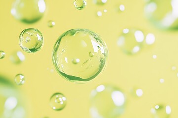 Floating 3D abstract green shape with a sphere element, set on a vibrant yellow background
