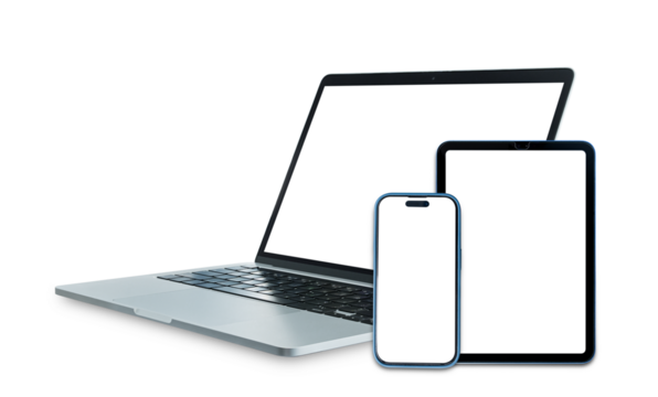 Set of smart devices smartphone, tablet and laptop with blank screen isolated on transparent background, PNG Format - Powered by Adobe