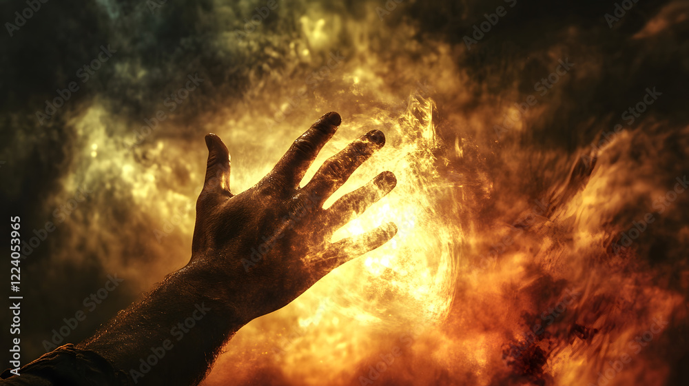 Poster enigmatic hand reaching into luminous glow of fire symbolizing mystery and power : generative ai