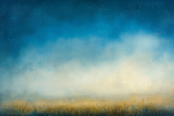 Fototapeta premium Serene landscape at dawn with mist over golden grass and a starry blue sky in the background